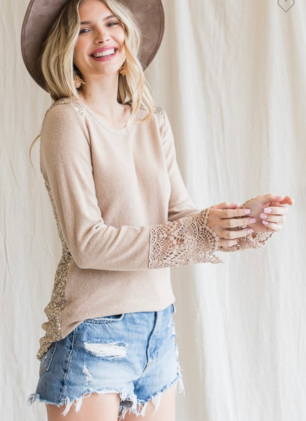 Taupe Sequin & Lace Detailed Top
