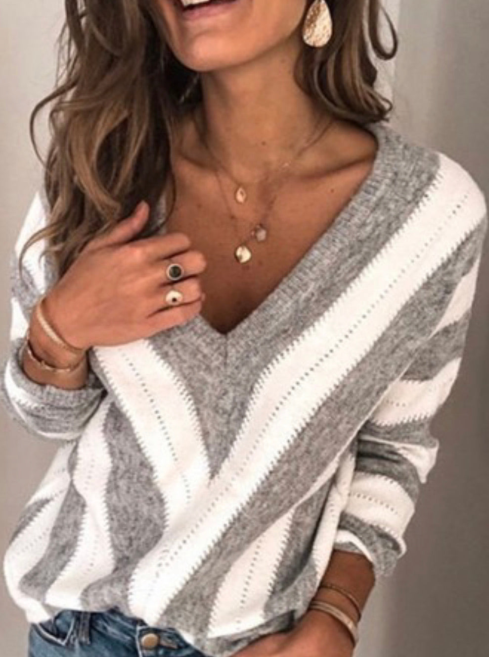 Grey and White  V-Neck Striped Sweater