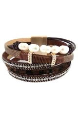 Dark Brown Tiger and Faux Pearl Multi-Strand Magnetic Bracelet