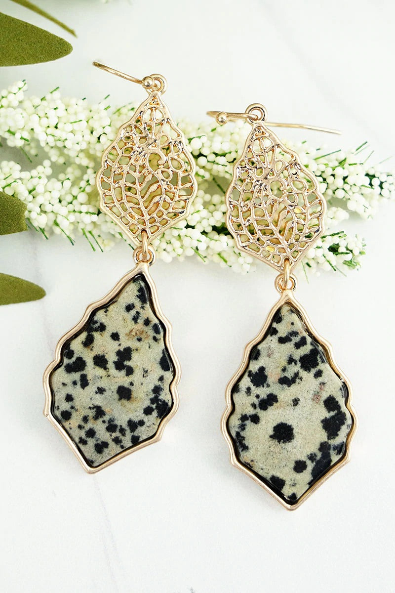 Dalmatian Jasper Teardrop Goldtone Earrings