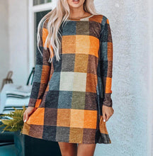 Load image into Gallery viewer, Mustard Plaid Dress with Suede W/Pockets
